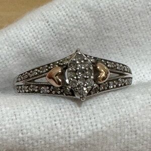 925 Sterling Silver 10K Gold Heart & Marquise Style Diamond Cluster Ring Size 7